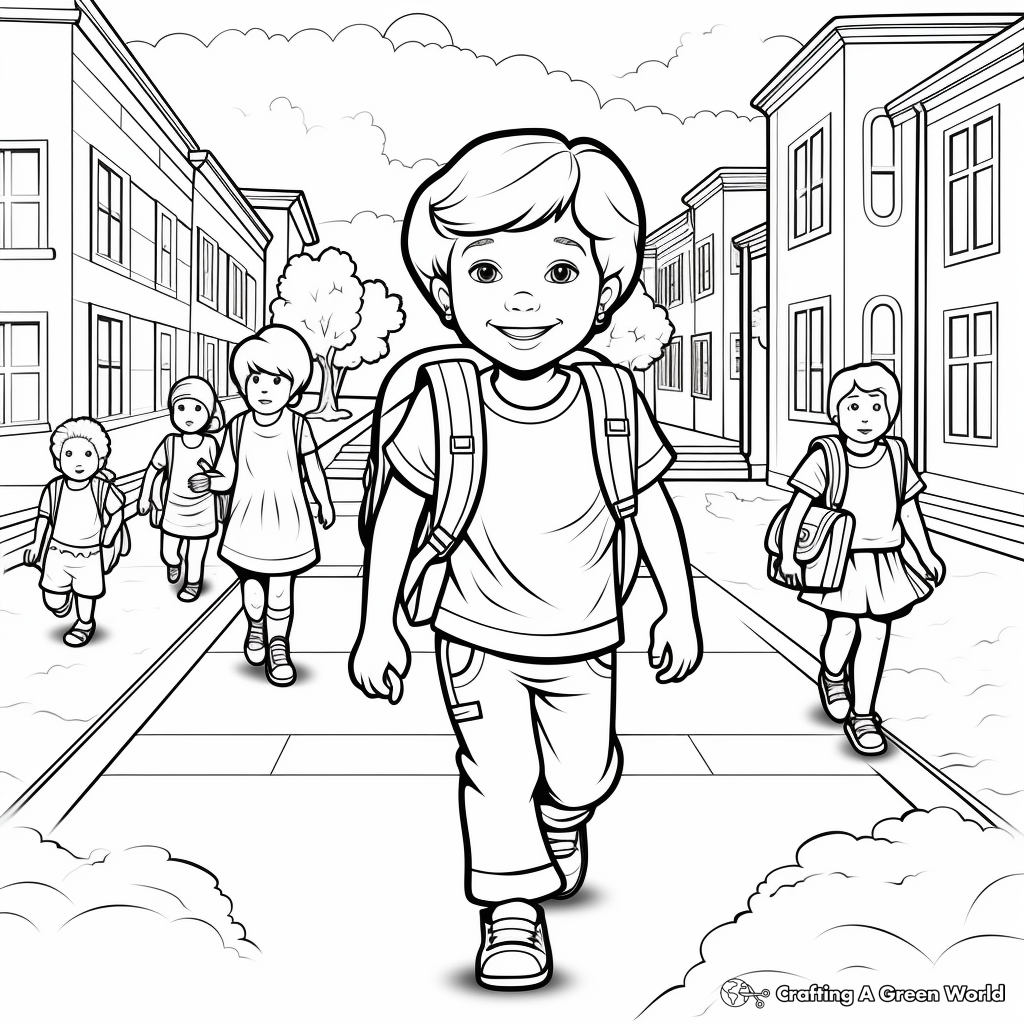 Realistic Elementary School First Day Coloring Sheets 1