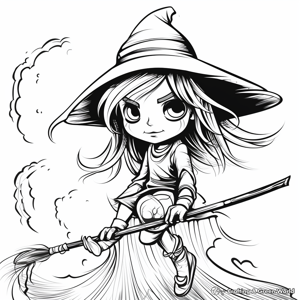 Spooky Witch on a Broomstick Coloring Pages 3