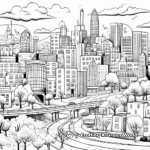 Complex Cityscape Landscape Coloring Pages for Adults 3