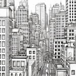 Detailed Rainy Cityscape Coloring Pages for Adults 3