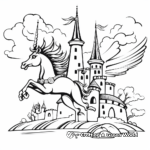Flying Unicorn in a Fairy Tale Castle Setting Coloring Page 2