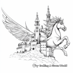 Mystical Unicorn Flying Over Castle Coloring Pages 2