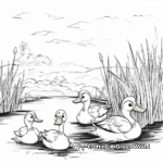 Pond Scene with Multiple Ducks Coloring Pages 1