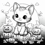 Spooky Halloween Kitty in the Pumpkin Patch Coloring Page 1
