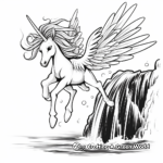 Stunning Flying Unicorn Over a Waterfall Coloring Page 1