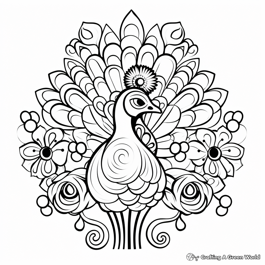 Abstract Peacock with Flowers Coloring Pages 1
