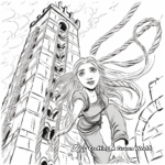 Action-Packed Rapunzel Escaping from the Tower Coloring Pages 2