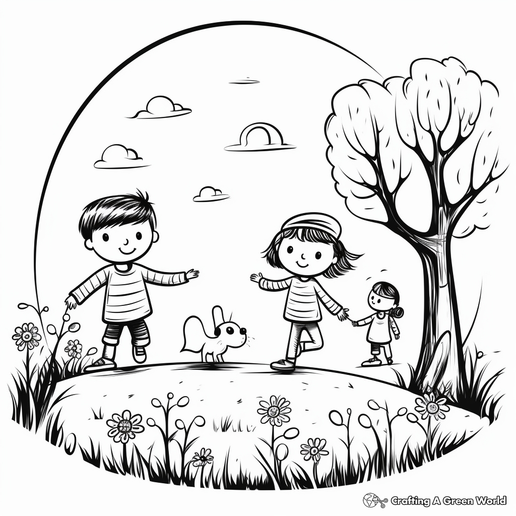 Children Playing in Spring Park Coloring Pages 1