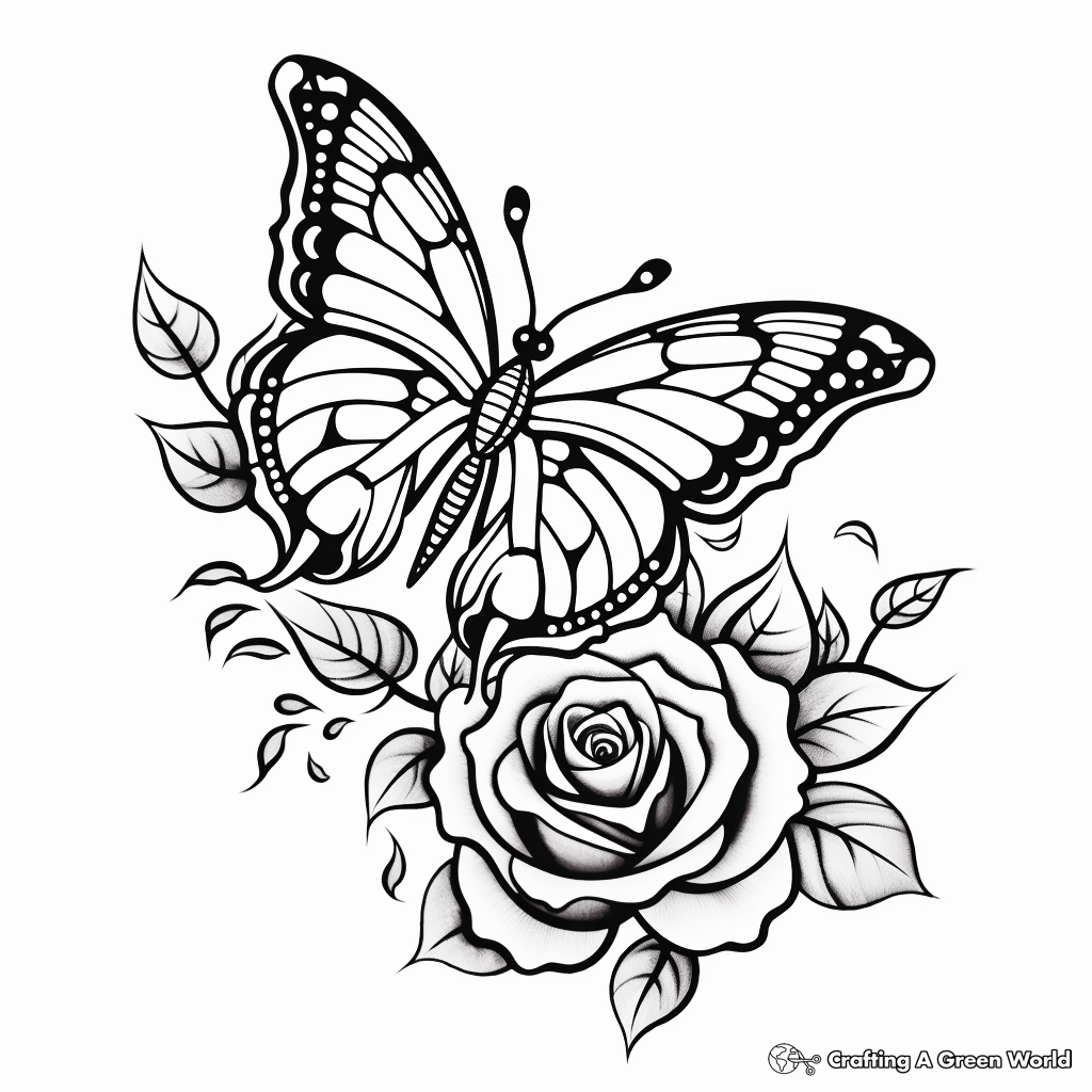 Decorated Rose Coloring Pages with Butterflies 2