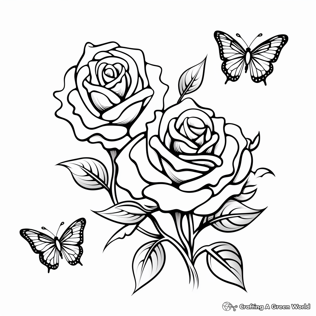 Decorated Rose Coloring Pages with Butterflies 3