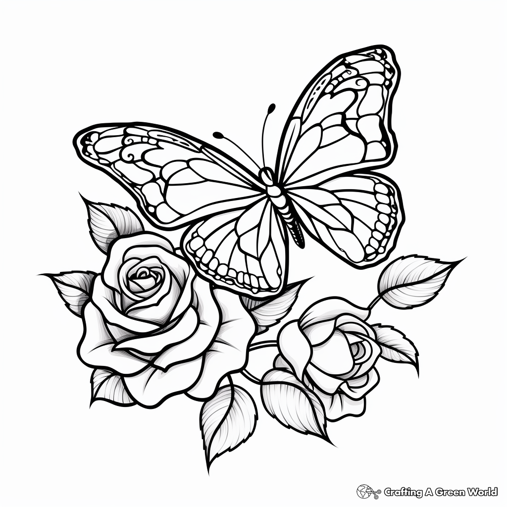 Decorated Rose Coloring Pages with Butterflies 4