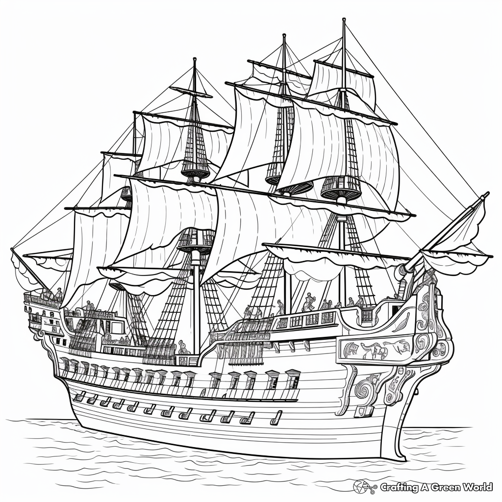 Detailed Pirate Frigate Coloring Pages for Adults 1