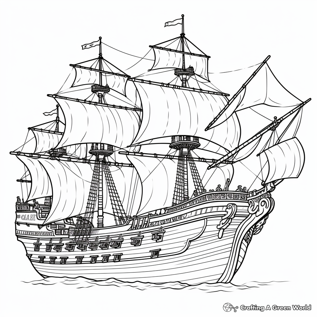 Detailed Pirate Frigate Coloring Pages for Adults 3