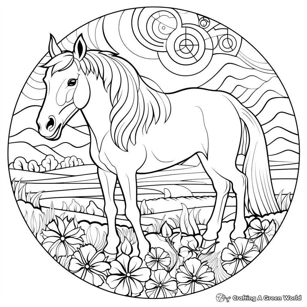Grazing Horse Mandala Coloring Pages: Quiet Scenes 1