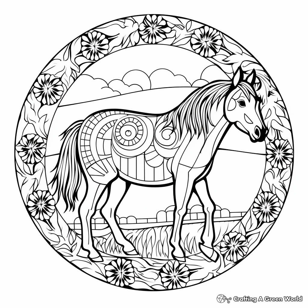 Grazing Horse Mandala Coloring Pages: Quiet Scenes 2