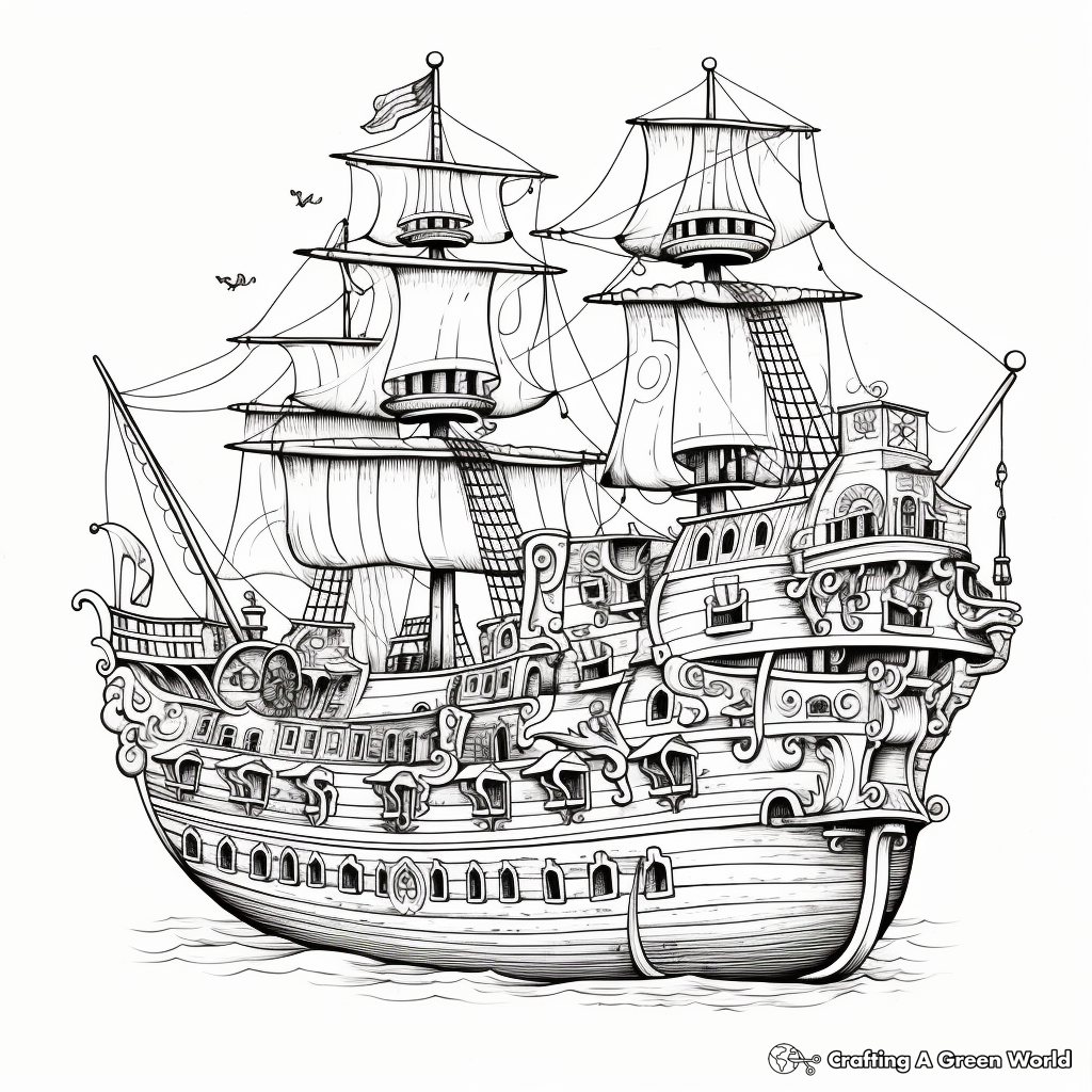 Intricate Pirate Galleon Coloring Pages for Adults 1