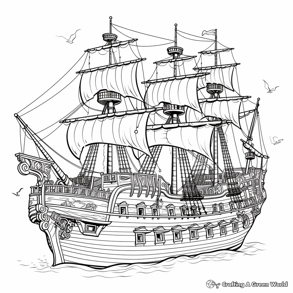 Intricate Pirate Galleon Coloring Pages for Adults 2