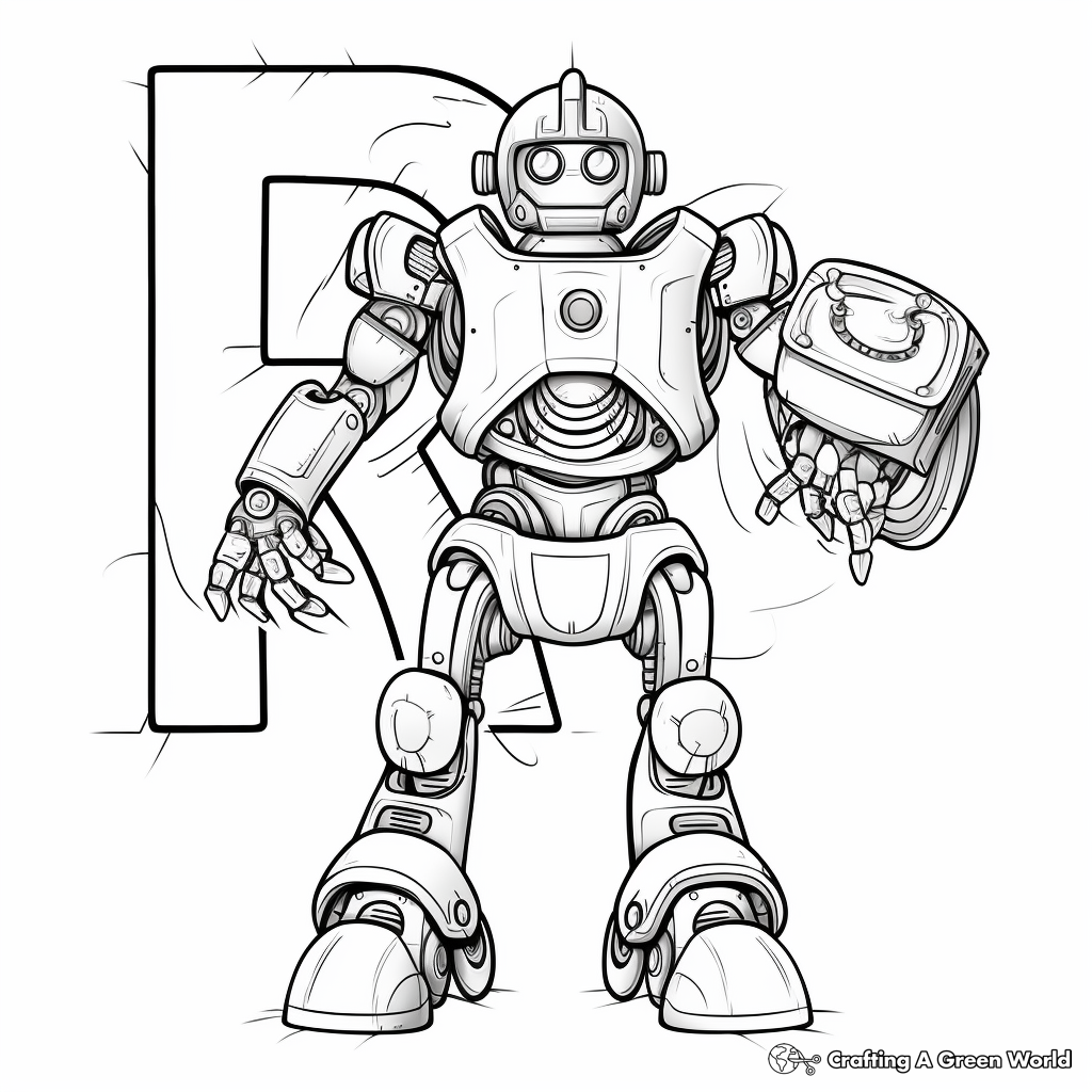 Letter R Robot Character Coloring Page 1