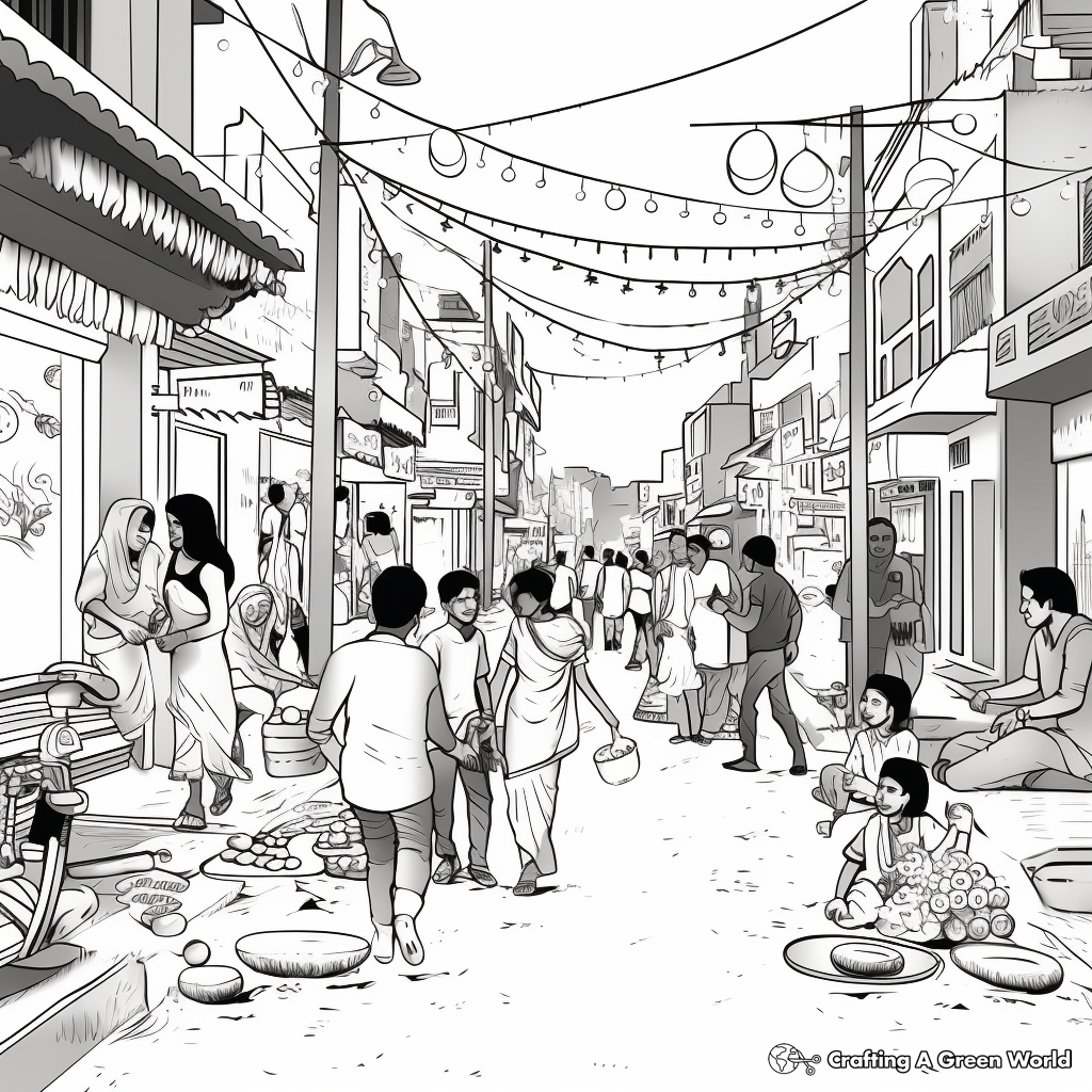 Lively Diwali Street Scene Coloring Pages 1