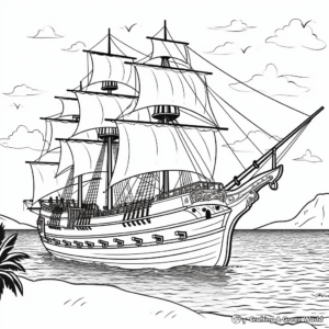 Pirate Ship at Sunset: Seascape Scene Coloring Pages 1