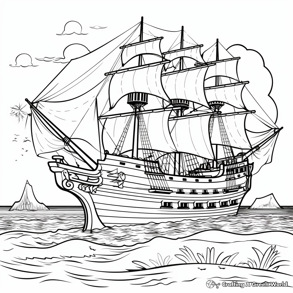 Pirate Ship at Sunset: Seascape Scene Coloring Pages 3