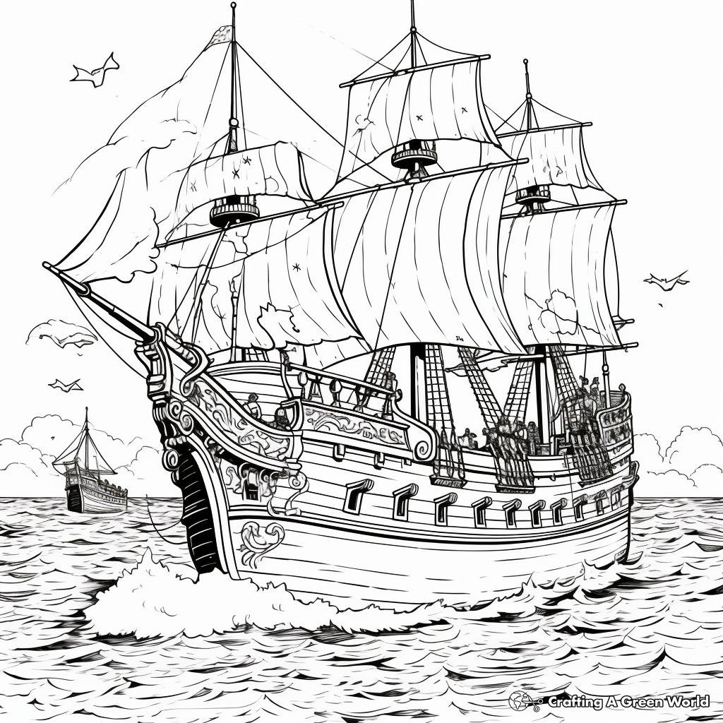 Pirate Ship in Battle Scene Coloring Pages 2