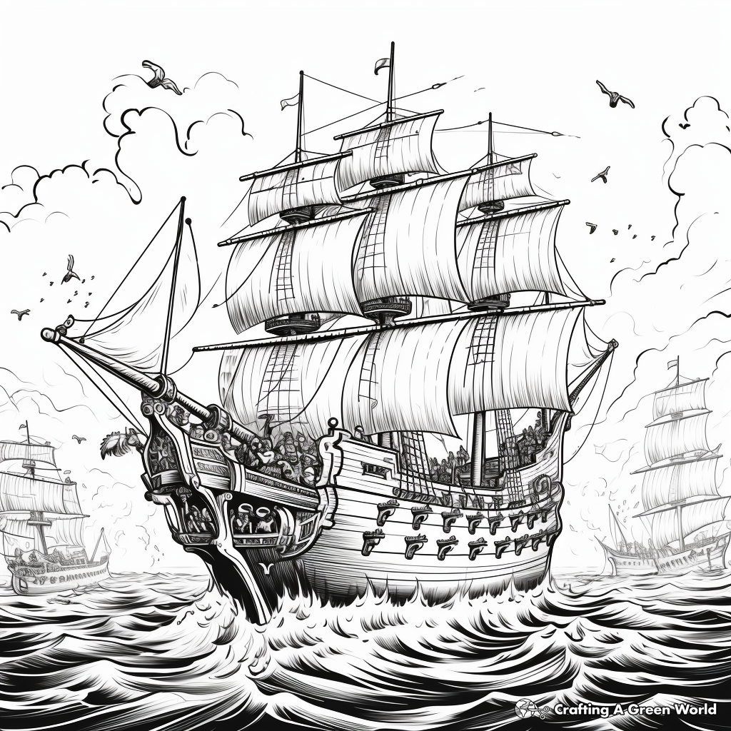 Pirate Ship in Battle Scene Coloring Pages 4