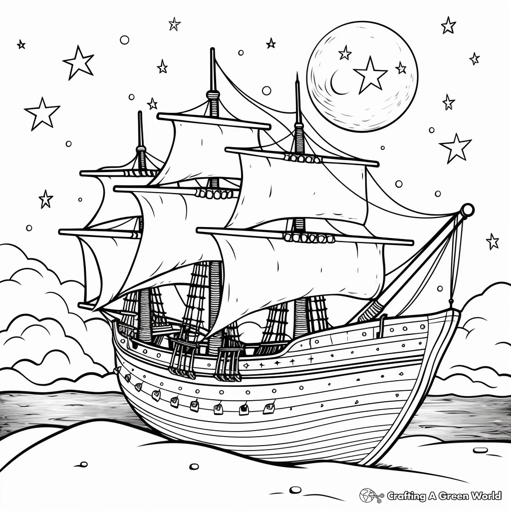 Pirate Ship under the Starry Night: Night Scene Coloring Pages 1