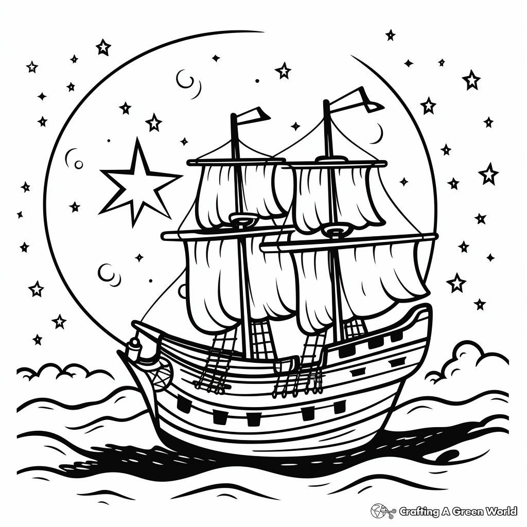 Pirate Ship under the Starry Night: Night Scene Coloring Pages 2