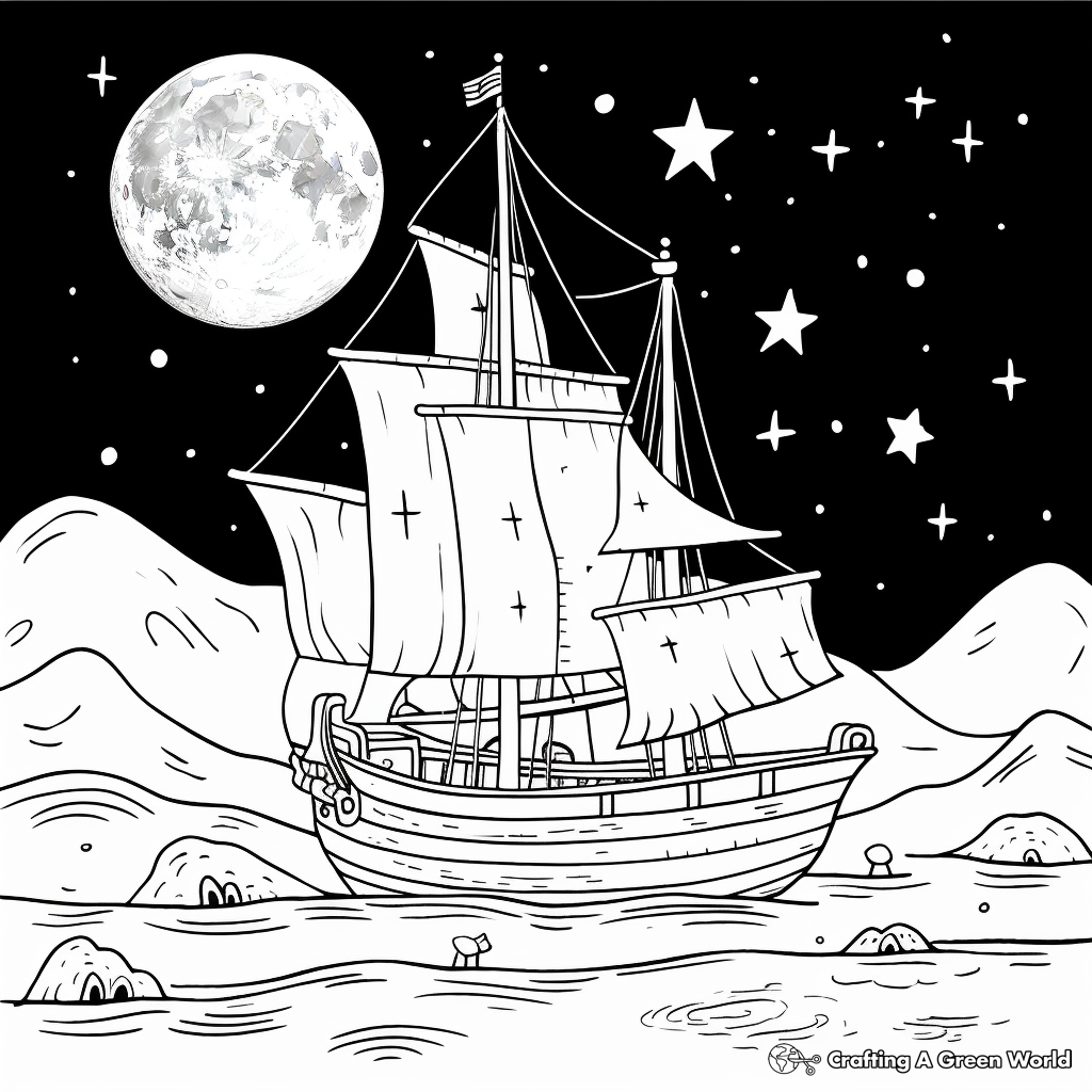 Pirate Ship under the Starry Night: Night Scene Coloring Pages 4