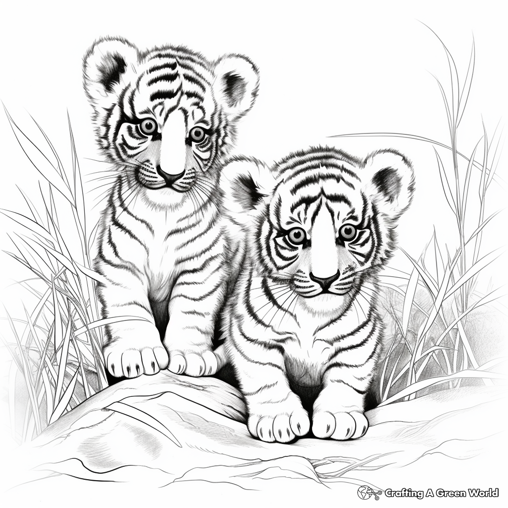 Playful Tiger Cubs: Baby Tigers Interaction Scene Coloring Pages 3