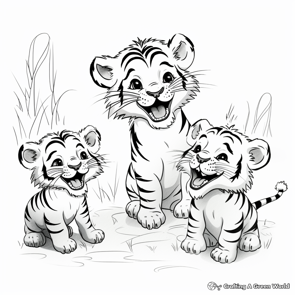 Playful Tiger Cubs: Baby Tigers Interaction Scene Coloring Pages 4