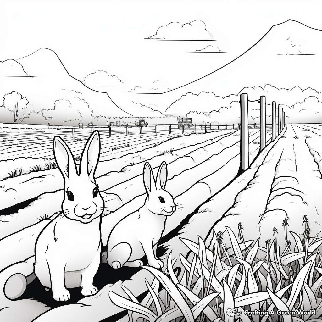 Rabbits in the Farm: Field-Scene Coloring Pages 2