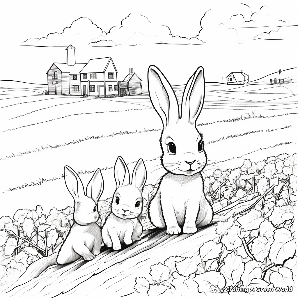 Rabbits in the Farm: Field-Scene Coloring Pages 4