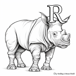 Resting Rhino with Letter R Coloring Book Page 1