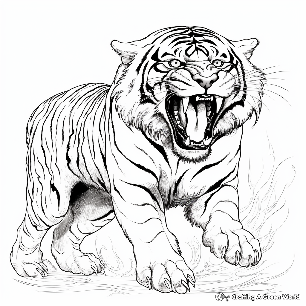Roaring Tiger: Vibrant Action Scene Coloring Pages 4
