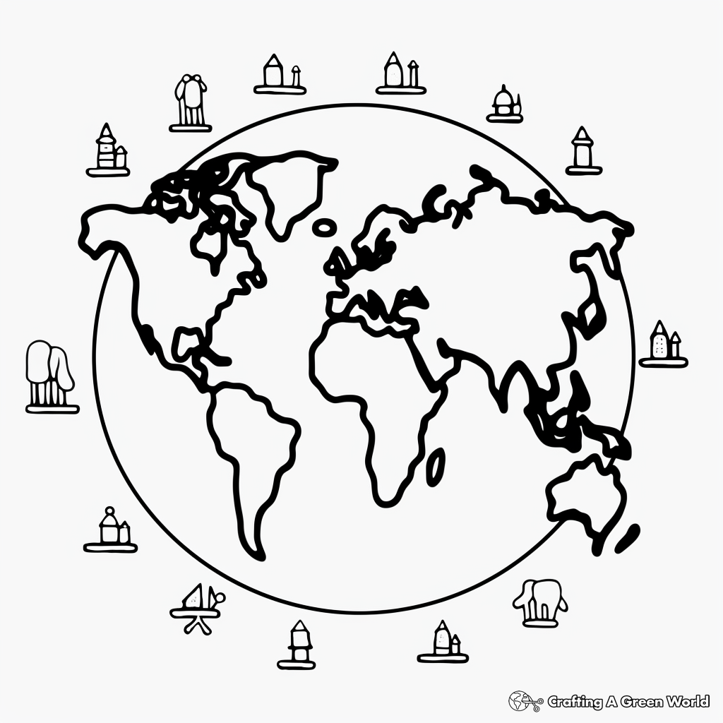 Simplified Globe Map Coloring Pages 1