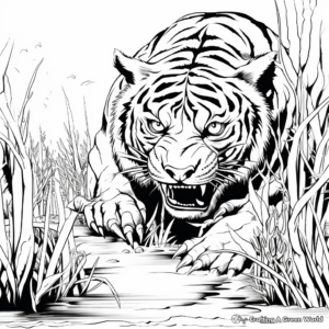 Stalking Predator: Tiger Hunting Scene Coloring Pages 1