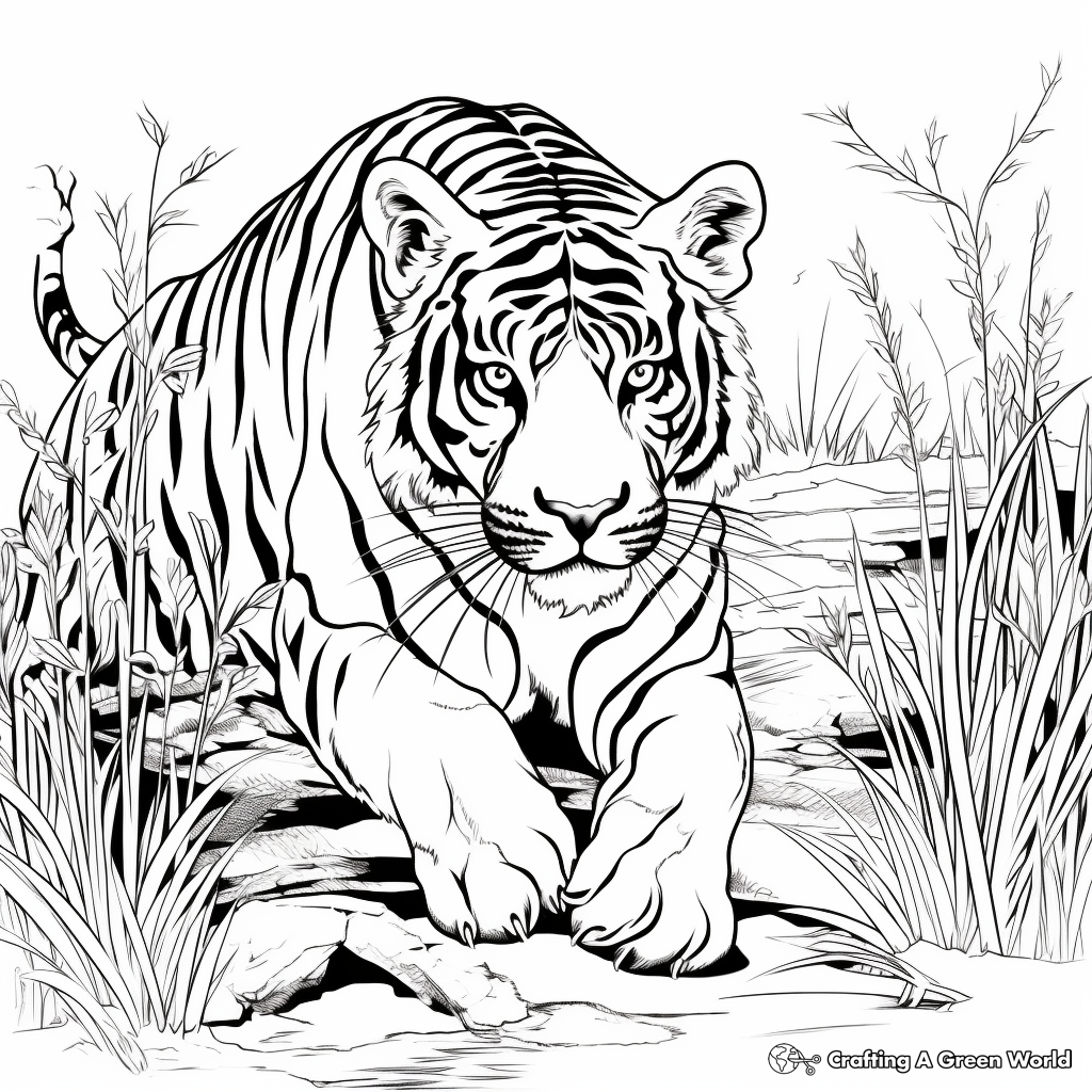 Stalking Predator: Tiger Hunting Scene Coloring Pages 4