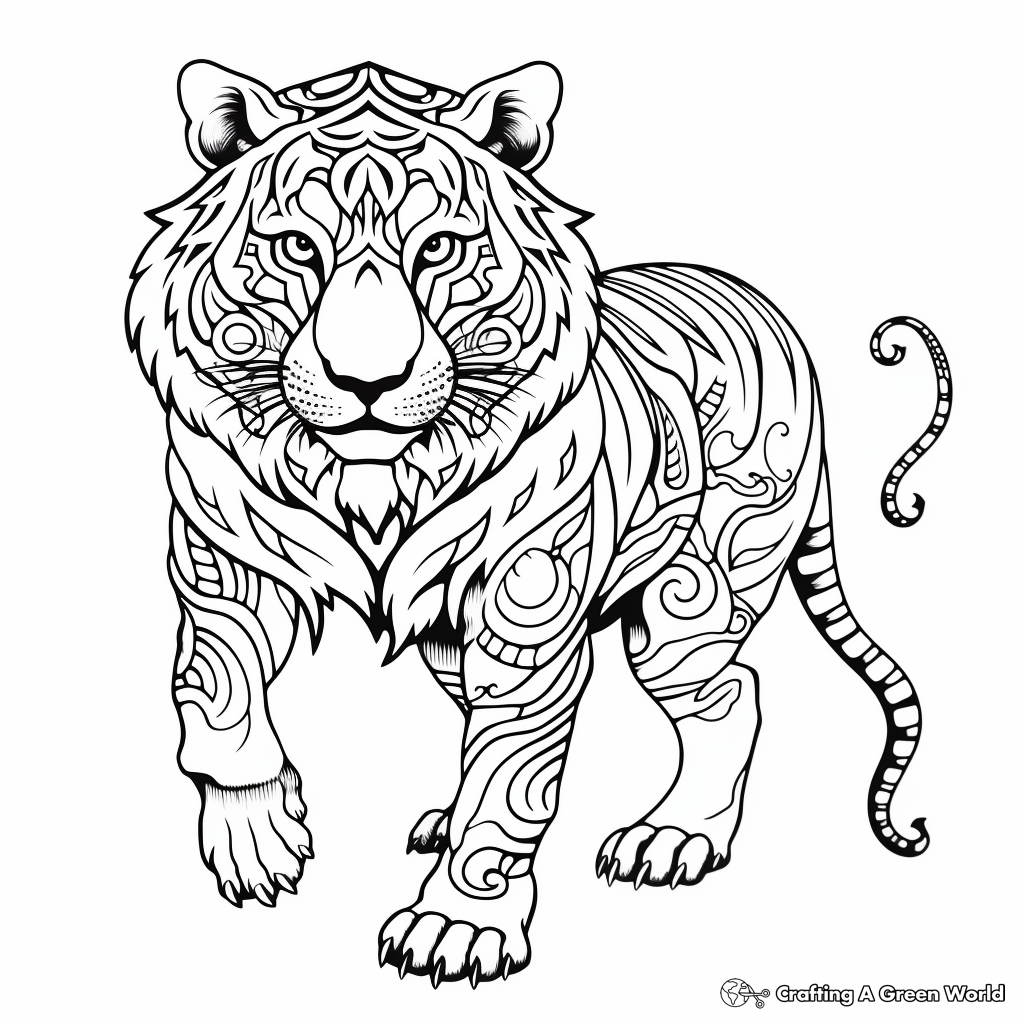 Thai Tiger: Traditional Asian Art-Style Tiger Coloring Pages 4