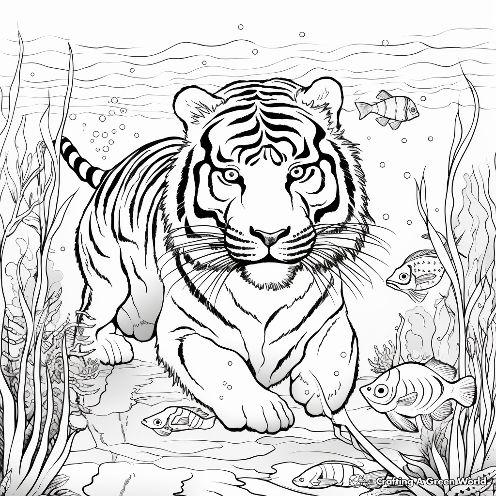 Underwater Tigers: Imaginary Scene Tiger Coloring Pages 1
