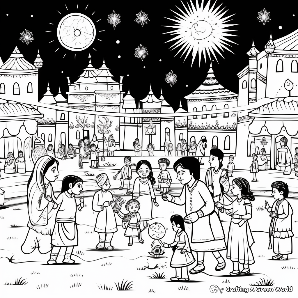 Vibrant Diwali Festival Scene Coloring Pages 2