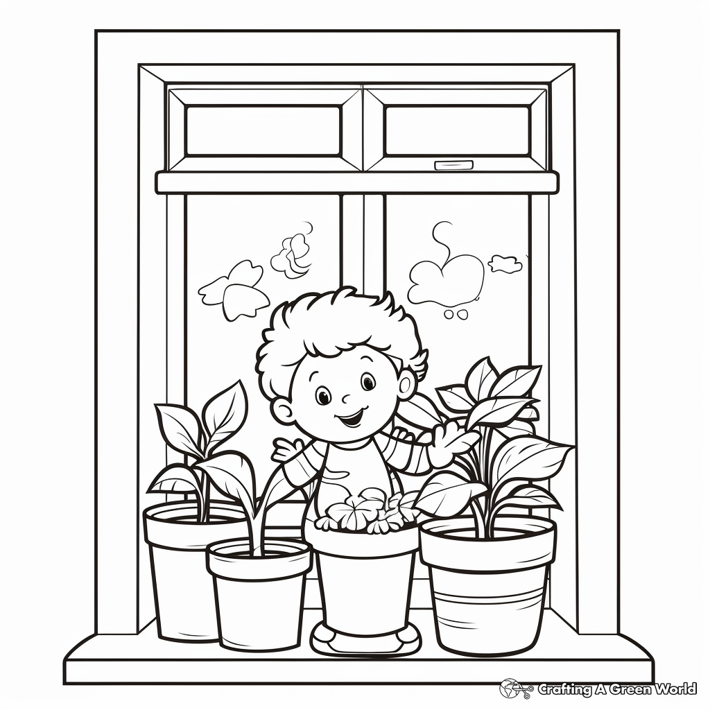 Window Frame and Plant Pot Coloring Pages 1