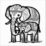 Bond of Mother and Calf: Tribal Elephant Coloring Pages 1