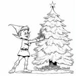 Cheerful Elf Tending Christmas Tree Coloring Pages 1