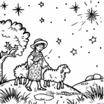 Night Scene of Shepherd and Sheep Under Stars Coloring Pages 3