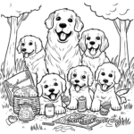 Golden Retriever Family Having a Picnic Coloring Pages 1