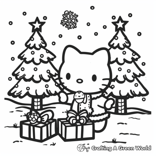 Festive Hello Kitty Christmas Scene Coloring Pages 1