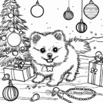 Cheerful Pomeranian Puppy with Christmas Decorations Coloring Pages 1