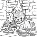 Cozy Yorkshire Terrier Puppy by the Fireplace on Christmas Eve Coloring Pages 1